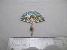 Vintage CHINESE Gilt Silver FILIGREE FAN PIN w/ENAMEL HOHO BIRD & Beading