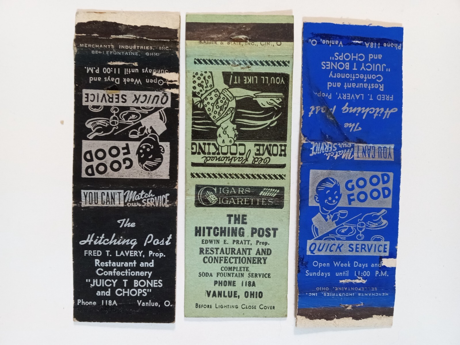 3 VTG VANLUE OHIO MATCHCOVER HITCHING POST RESTAURANT CANDY CAREY