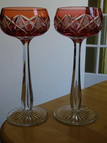 ZWEI VINTAGE ROEMER WEINGLAS KRISTALL VAL ST LAMBERT FARBEN ORANGE - Bild 1 von 11