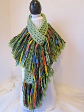 Crochet Scarf~FRINGE ~Greens & Black plus ribbon yarn