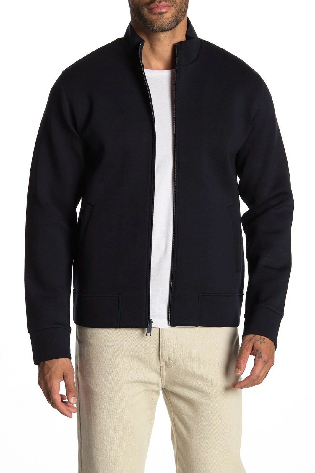 VINCE Black Slim Fit TECH KNIT Jersey Stretch Zip Front Stand Collar Jacket S