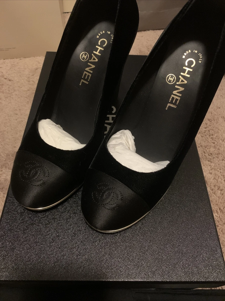 Authentic Chanel Black Captoe Cc Pearl Heels Pump With Dust Bags Size 38  Preown