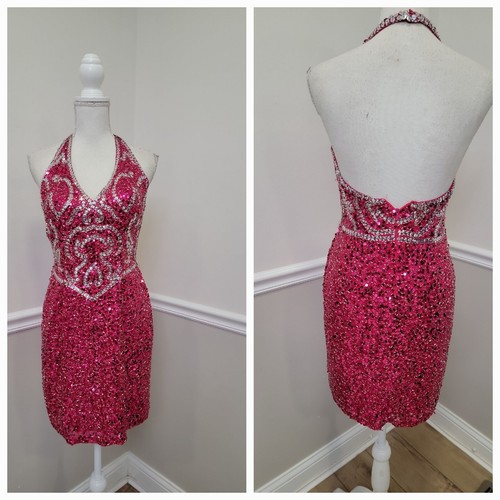Vintage Line Nite rosa Pailletten Neckholder Seide Kleid Größe 6