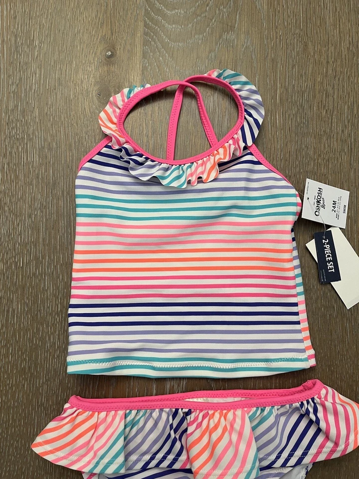 Oshkosh baby girls two piece multicolor Pastel Striped Swimsuit Size 24 Mos NWT - Image 2 of 4