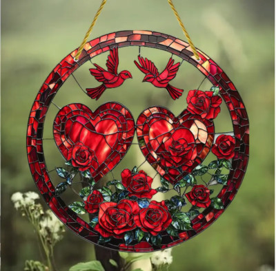 Doppel Herz Rose Suncatcher, Stained Glass Look, 2D, Red Cardinals, Acrylic, 8in