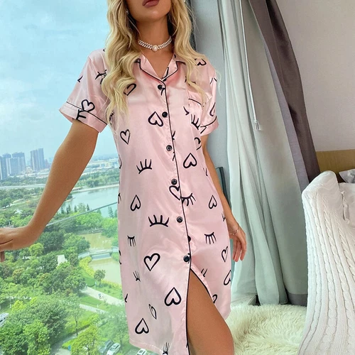 Damen Seide Satin Nachthemd Kurzarm Button-Down Pyjama Nachtwäsche Homewear - Bild 40 von 47