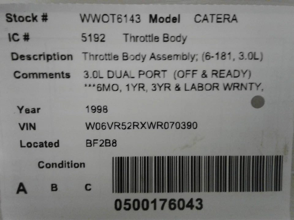 Used Fuel Injection Throttle Body fits: 1998 Cadillac Catera Throttle Body Assem Foto 3 de 4