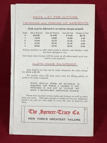 1912/13 Fall & Winter SPENCER~TRACY Co. Price List, New York's Greatest Tailor - Picture 4 of 4