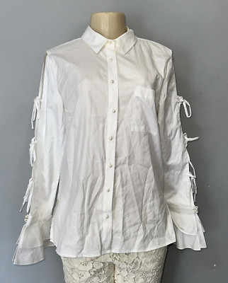 JONATHAN SIMKHAI WHITE COTTON BUTTON FRONT OPEN BOW DETAIL LONG SLEEVE TOP Sz L