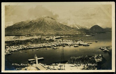 AK Sitka RPPC c.1922 HARBOR & TOWN in WINTER by The Photo Shop Studio