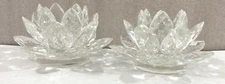 Lotus Flowers clear Glass Taper Candle Holders pair ....crystal shaped 5"