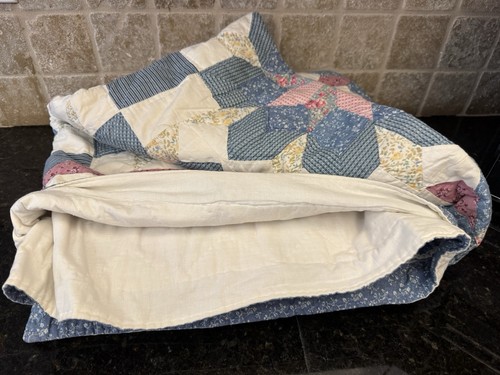 Vintage Handmade Pink, Blue & White Star Block Quilt 66” x 82” Farmhouse - Picture 6 of 7