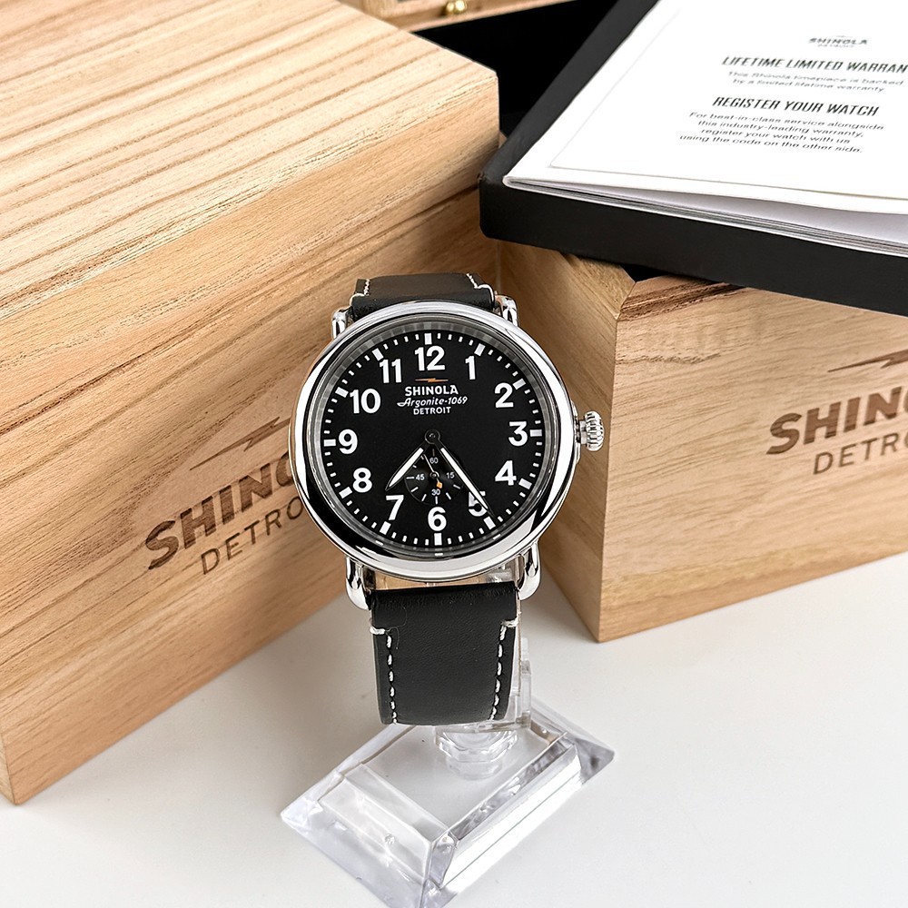 Shinola Runwell Men's Black Dial Black Leather Strap Quartz Watch 47mm
