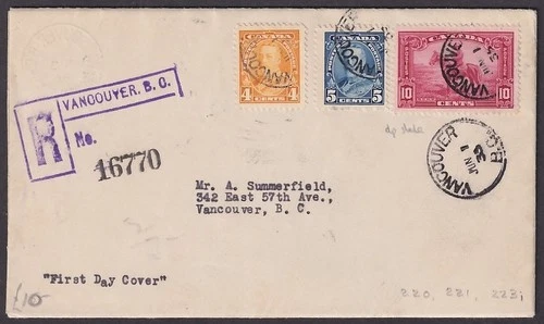 Canada 1935 4c,5c & 10c on registered First Day cover FDC