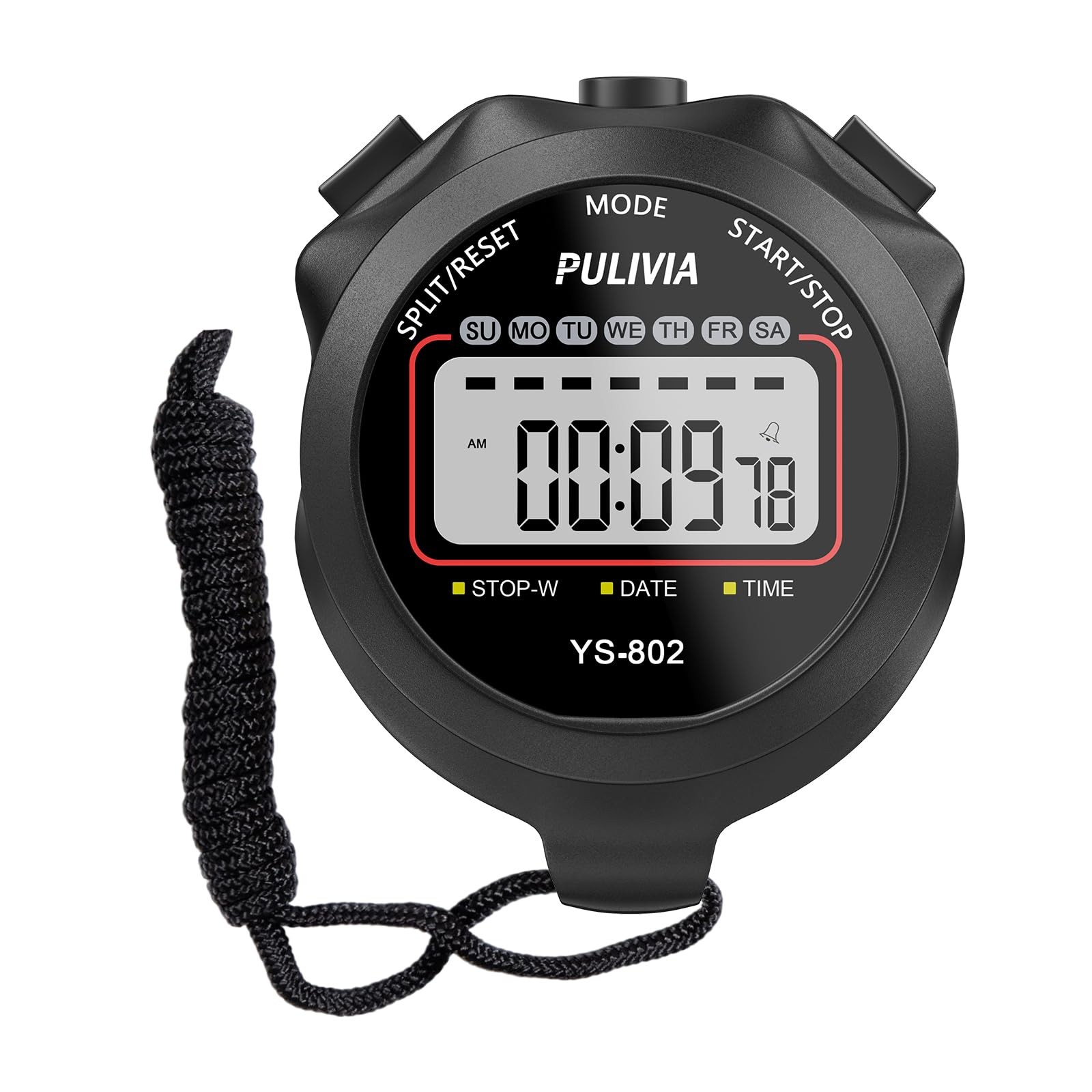 PULIVIA Sports Stopwatch Timer, Single Lap Split Digital Stop Watch for Black