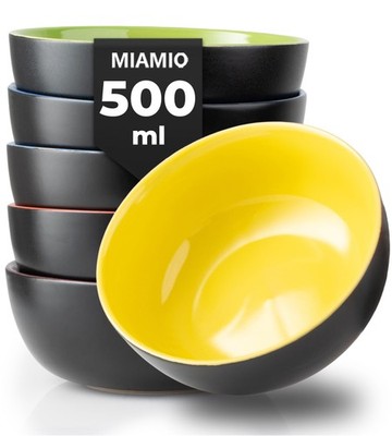 6 x 500 ml Set Steinzeugschalen Outdoor schwarz Innen bunt blau, ro...
