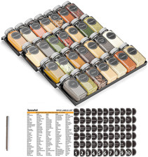 Spice Drawer Organizer with 28 Spice Jars, 386 Spice Labels, 4 Tier Seasoning Ra
