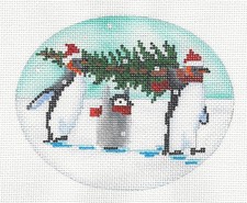 SO  Mom, Dad  Baby Penguin Bringing Home the Tree Needlepoint Canvas S.Church