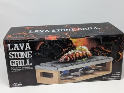 Lava Stone Table Grill w/ Bamboo Stand Smokeless BBQ for Steak & Meat - Open Box