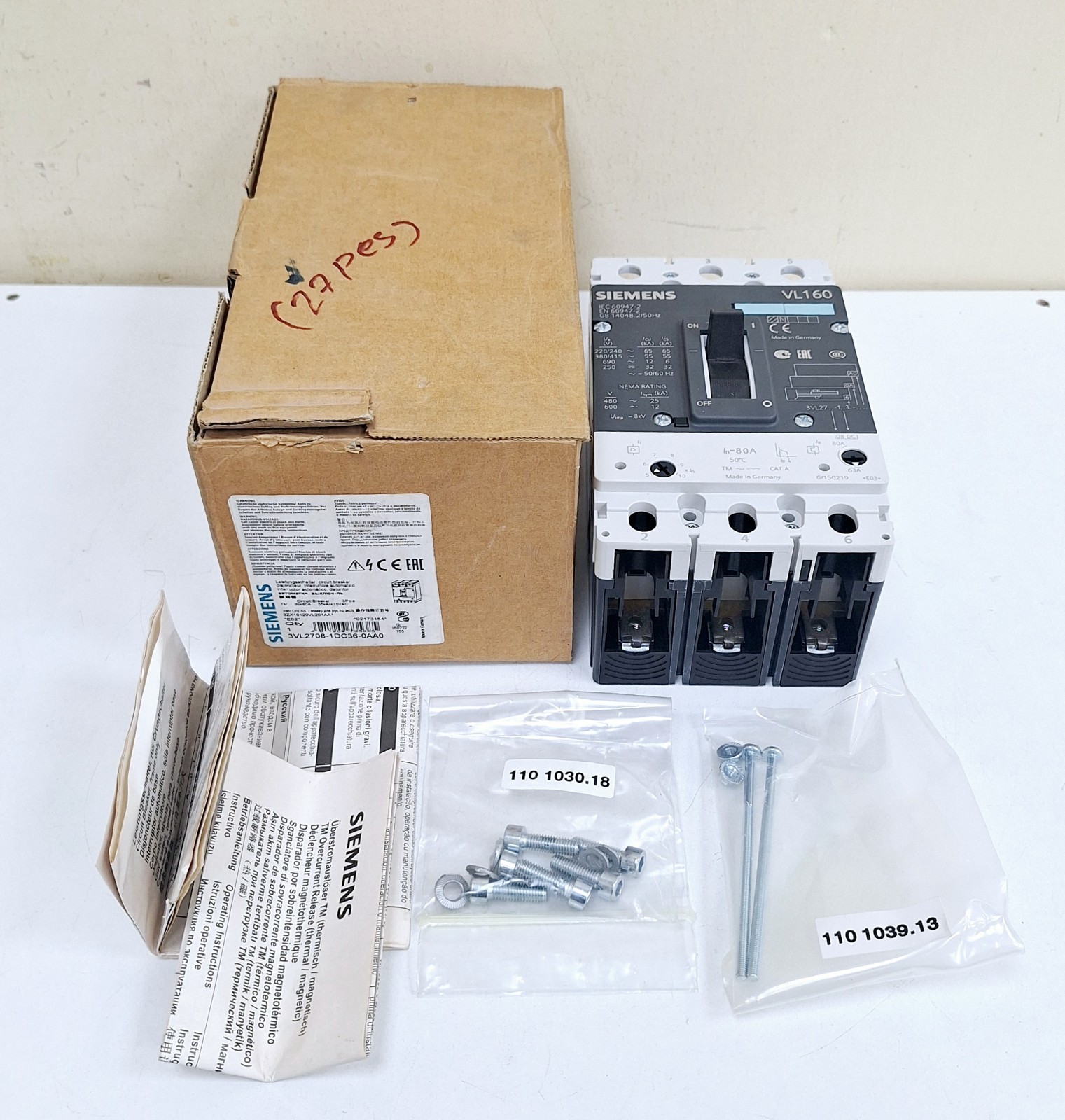 Siemens VL160 / 3VL2708-1DC36-0AA0 / 3VL2716-1AA36-0AA0 Circuit Breaker 80A 3P