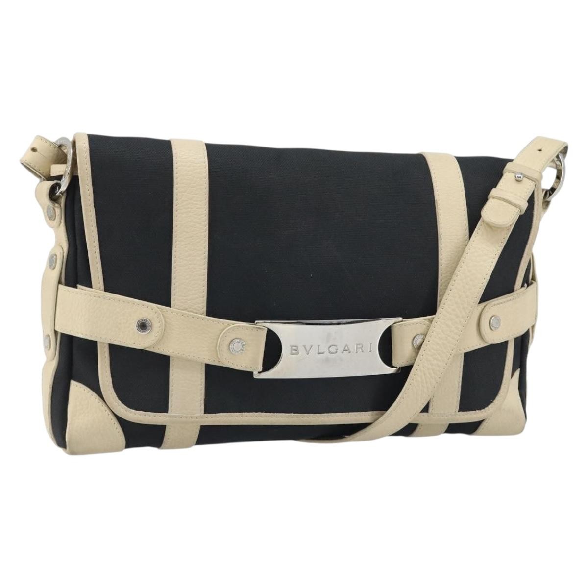 BVLGARI Shoulder Bag Canvas Leather Black Ivory Silver Auth 174478