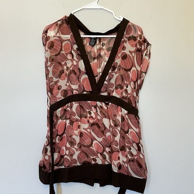 Rue 21 Baby Doll Sheer Top Womens XL Circle Geometric Brown Y2K Retro Tie Waist