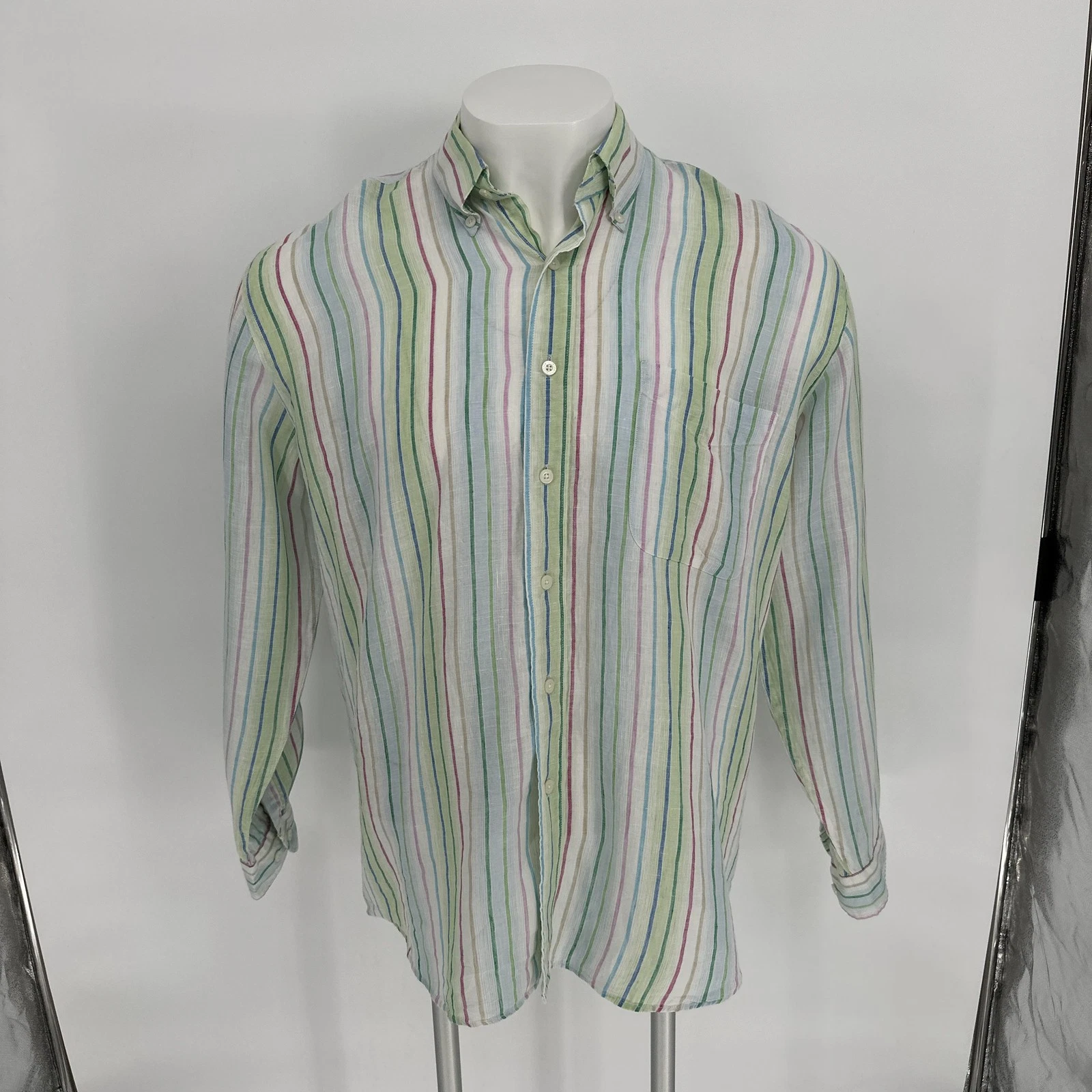 Alan Flusser Shirt Mens Large Multicolor Stripe Linen Button Down Long Sleeve
