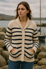 GAP Shawl collar Striped Cream And Navy  100% Cotton Cardigan Fisherman Core L