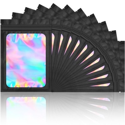 100 Pieces Smell Proof Mylar Bags- Resealable Holographic Packaging Pouch Bag...
