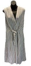 Tahari midi shirt tank Dress Size L Linen A Line Button Tie Striped  Nautical