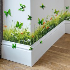 Green Plant Grass Wall Corner Decals Flowers with 3D Butterflies Base Board