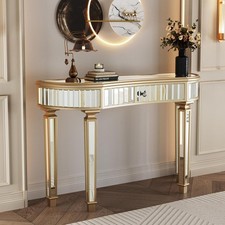 47in Mirrored Console Table, Half-Moon, Gold/Silver, Drawer with Crystal Knob