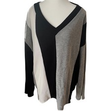 BiBi Womens Colorblock Waffle Knit Thermal V-Neck Top Grey Black White Sz M