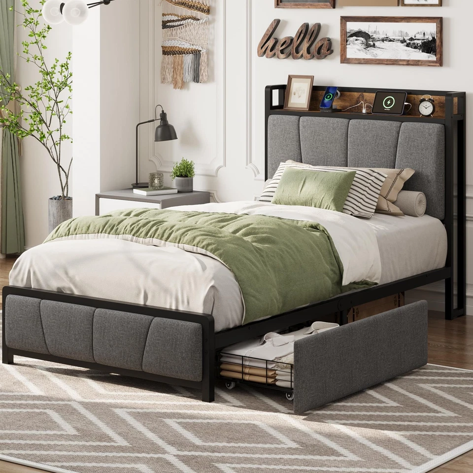 Twin-XL Size Bed Frame with 2 Storage Drawers and Charging Station, Rustic Li... - Image 2 of 4