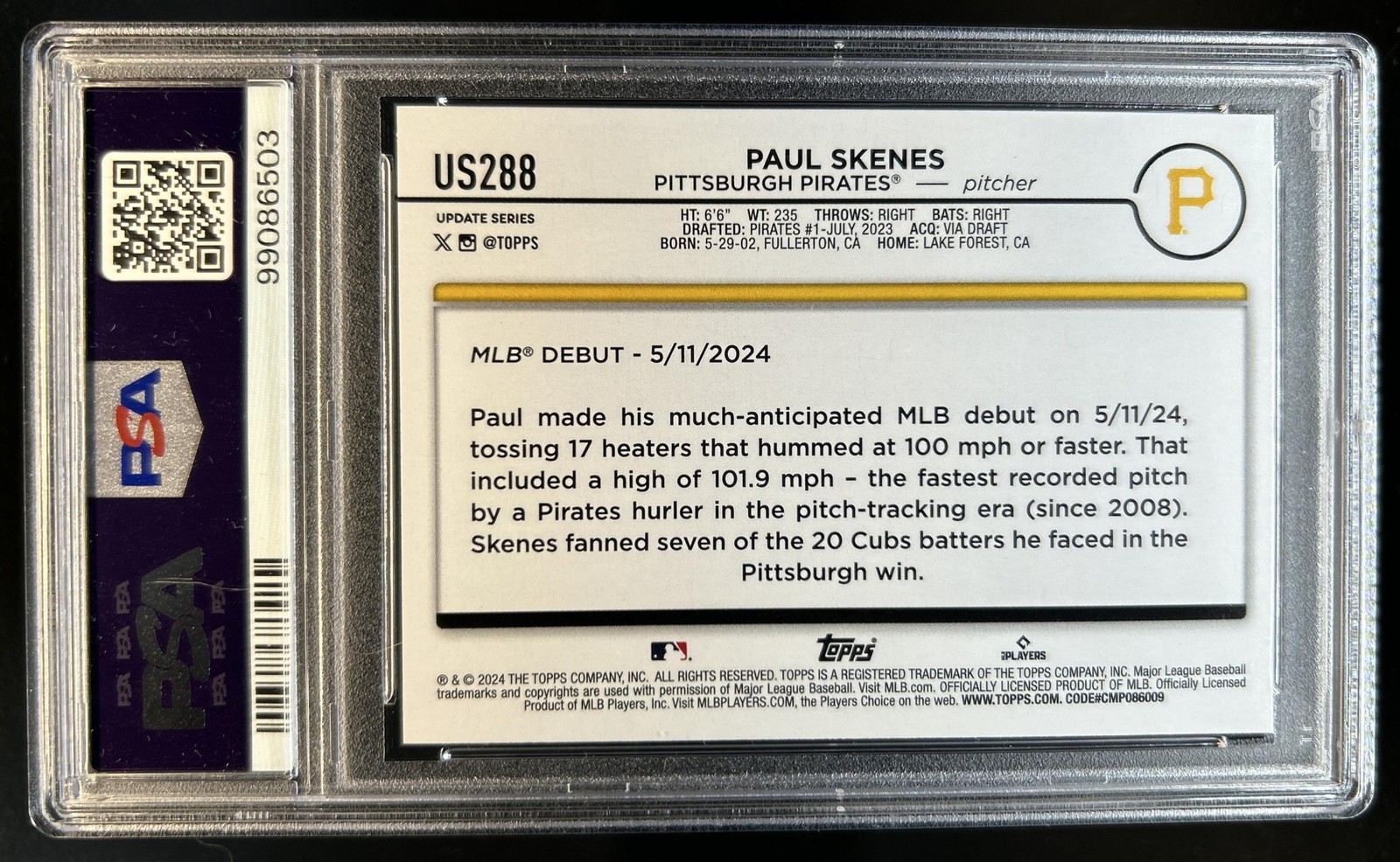 2024 Topps Update Paul Skenes RC Rookie #US288 Pirates PSA 9 view 2