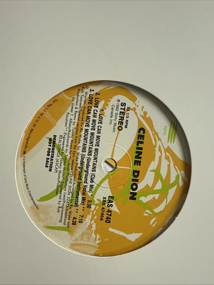 CELINE DION LOVE CAN MOVE MOUNTAINS 12" 1992 epic EAS4740 DJ PROMO UNPLAYED - Image 2 of 2