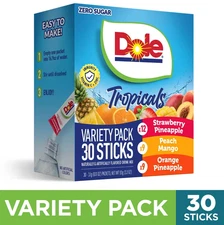 Dole Powder Drink mix variety Pack Tropical Peach Mango & Fruit Sugar Free 30 Ct