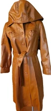 Vtg. Women's Mod-Maid By Judy Grapes Poly Vinyl Belted  Trench Coat~Hood Sz. 12