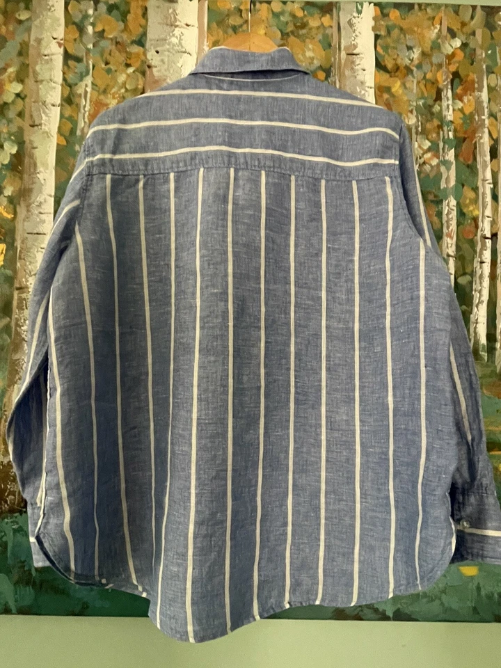 H & M женщин sz L рубашка 100% льняной свет Airy натуральный здоровый классические полоски - Изображение 3 из 4
