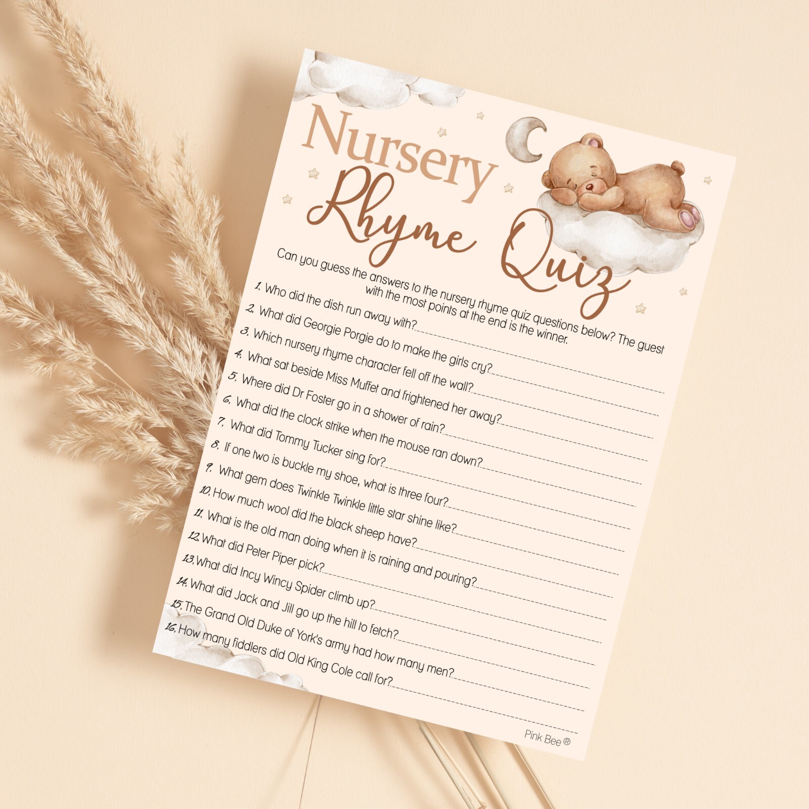Baby Shower Game - Teddy, Prediction Cards, Unisex, Bear, Brown, Cream, Neutral