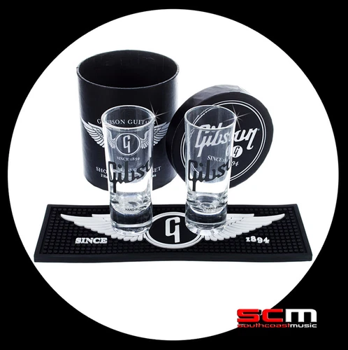 Gibson Guitars Lifestyle Series Shot Glass Set 2 x 2oz Glasses, Bar Mat & Box 