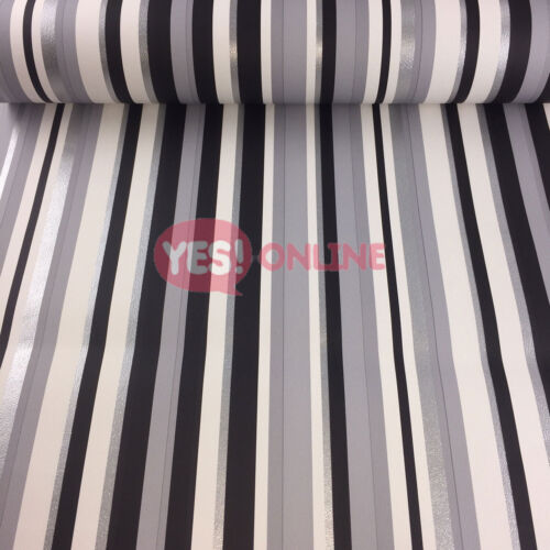 Silver Grey Black Stripe Wallpaper Metallic Shiny White Textured Lined 6 Rolls - Picture 2 of 5