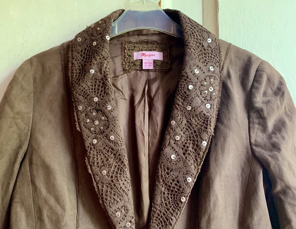 MONSOON Jacket 12 Brown Silk Linen Embroidered Lace Sequin Tie Long Sleeve - Image 3 of 4