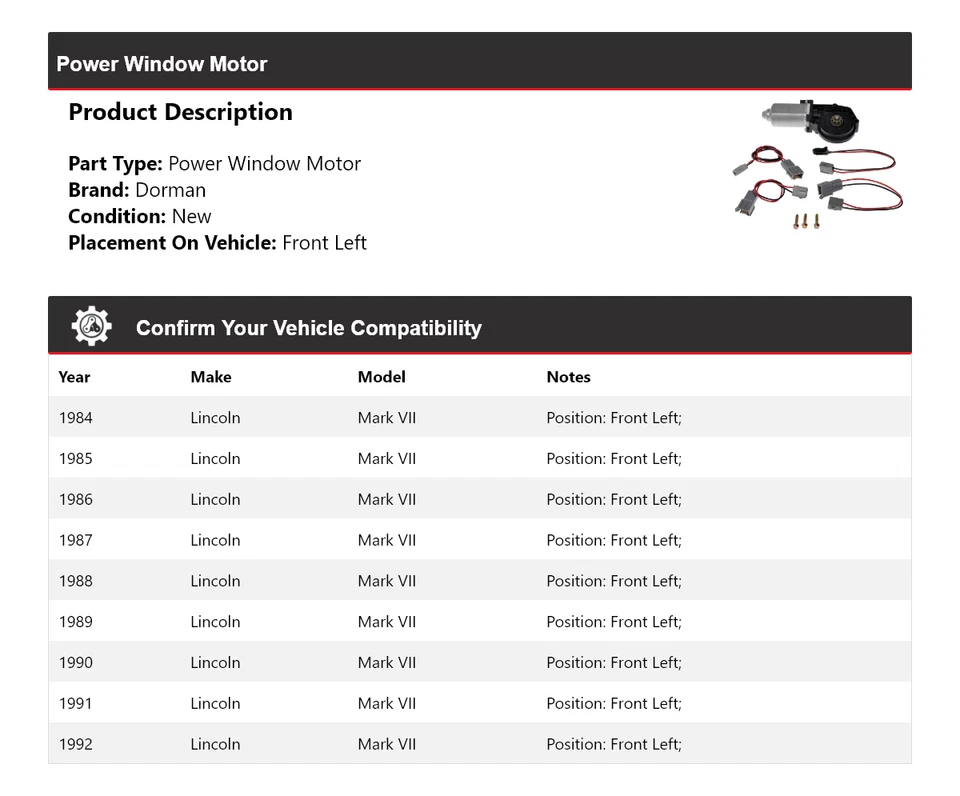 适用于 1984 - 1992 年林肯 Mark VII Dorman 动力窗电机左前 1985 年 — 第 2/4 张图片