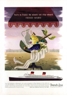 French Line S S Ile de France grapes on table ad 1954
