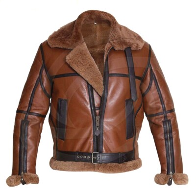 B3 Brown Bomber Winter Jacket for Men - Warm Sheepskin Real Leather Motorcycle