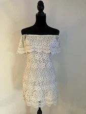 San Joy Beige Dress Crochet Cottagecore Short Dress Off Shoulders Summer