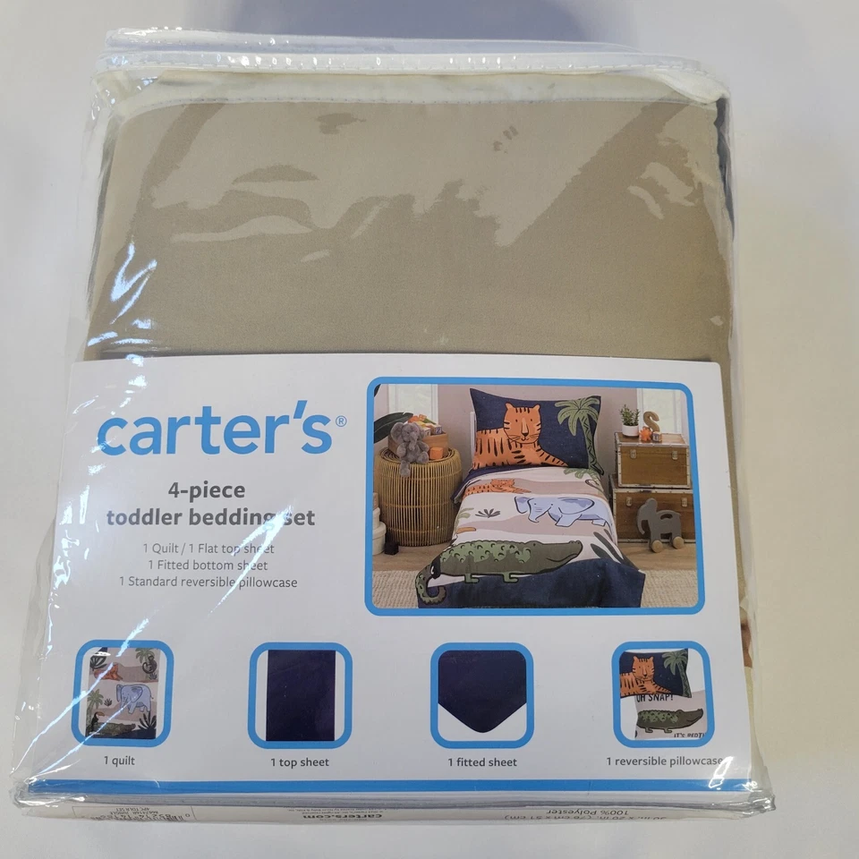 Juego de cama Carters 4 piezas para niños pequeños animales de la selva tigre elefante safari zoológico azul marino tostado Foto 3 de 4