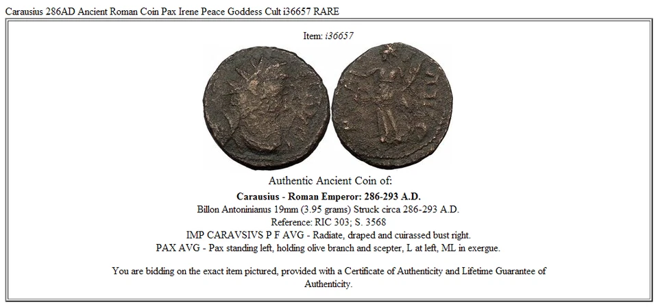 Carausius 286AD Ancient Roman Coin Pax Irene  Peace Goddess Cult i36657 RARE    - Image 3 of 3