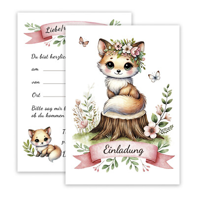 10x Einladungskarten Fuchs Waldtiere Set Mädchen Kindergeburtstag Rosa